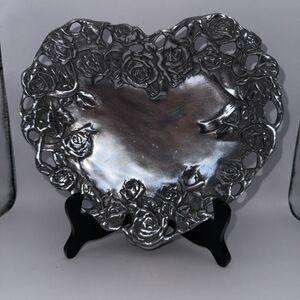 Peltrina Pewter Rose Heart Shaped Dish Made In Argentina Hand Made